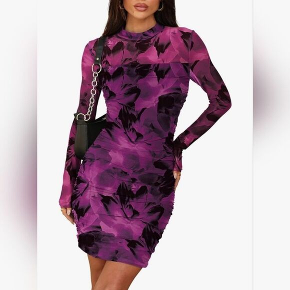 🔸️NWT Fuchsia Floral Bodycon Long Sleeve Dress Small - Picture 1 of 11